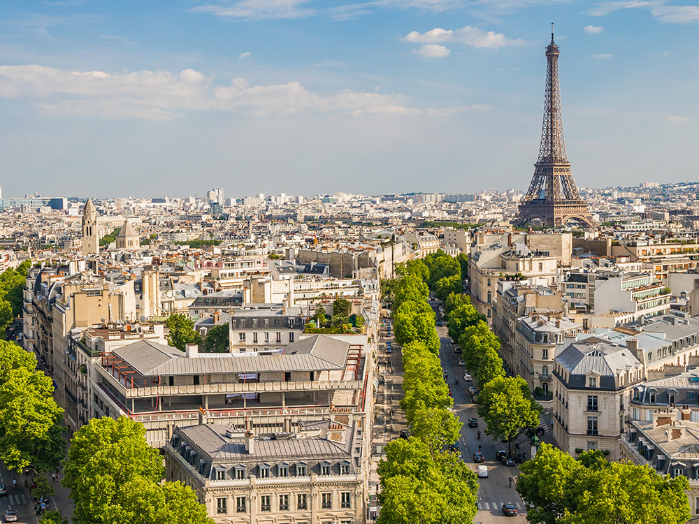 Paris skyline with the Eiffel tower and the Montparnasse tower on a sunny day. Green trees line the streets filled with properties.