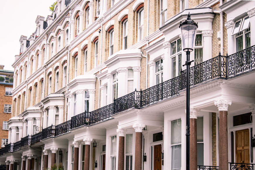 An attractive street of beautiful London townhouses in South Kensington