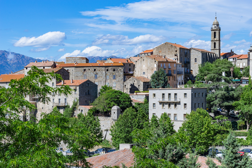 View of skyline, trees and old houses in Sartène, Corsica