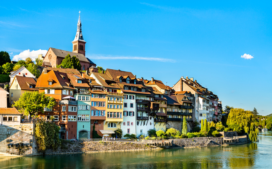 View of the clear blue sky and houses in the town of Laufenburg at the Rhine River in Germany