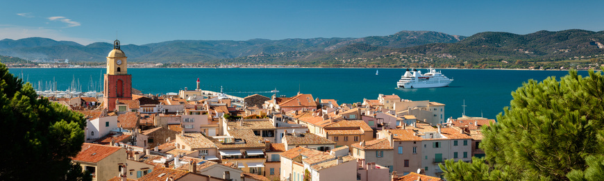 Panorama of the old town of Saint Tropez and Mediterranean sea on the French Riviera