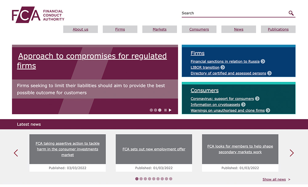 FCA Website Screenshot