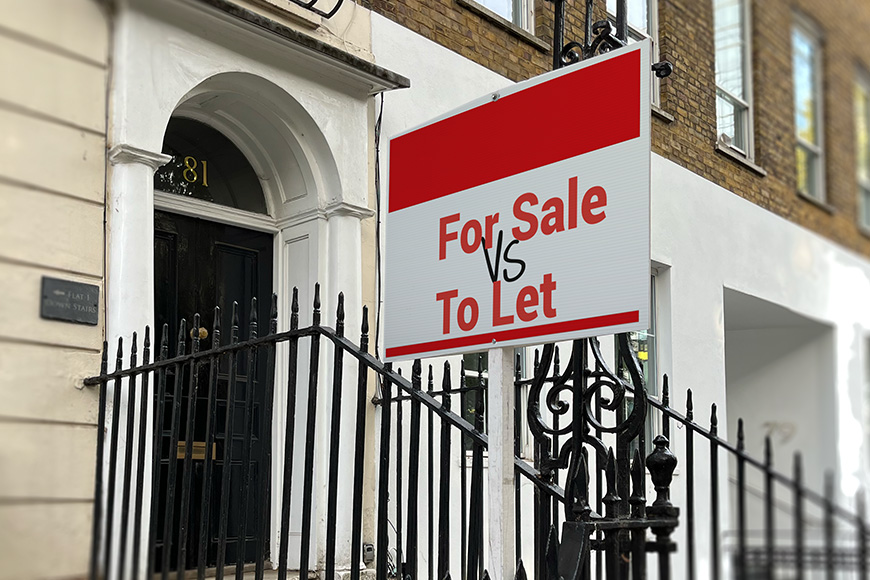 Estate agent sign outside of an English property displaying For Sale vs To Let