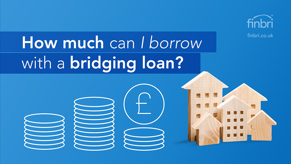 Dark blue graphic with a white illustration of three stacks of coins. The text reads: How much can I borrow with a bridging loan?