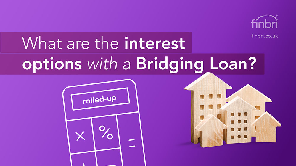 Purple graphic with a white illustration of one stack of coins, a calculator, a stopwatch, a calendar and a house. The text reads: What are the interest options with a bridging loan?