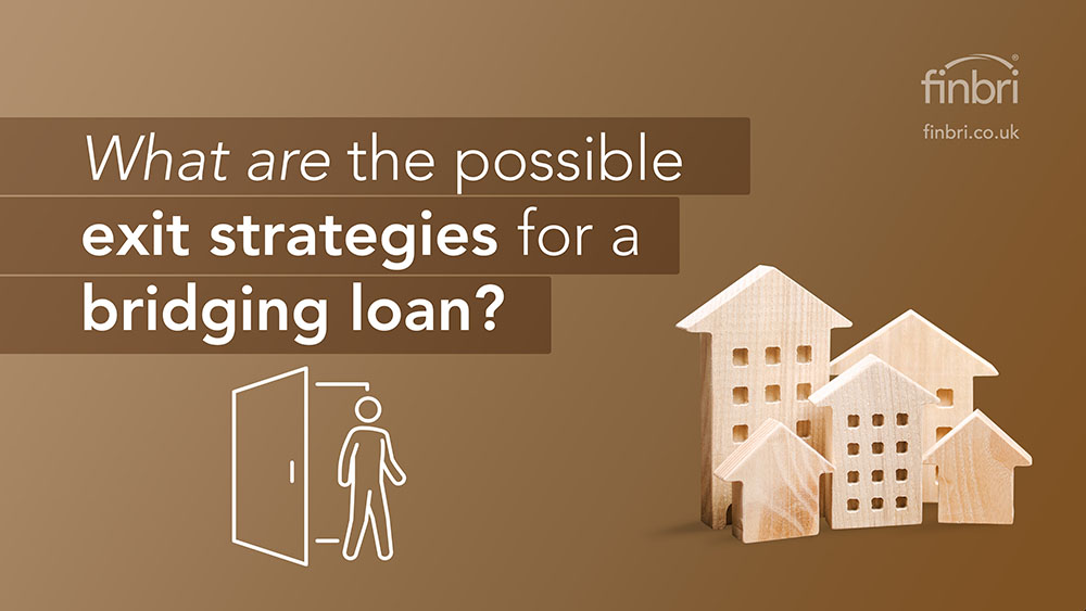 Brown graphic with a white illustration of a person walking through an open door symbolising an exit of a bridging loan. The text reads: What are the possible exit strategies for a bridging loan?