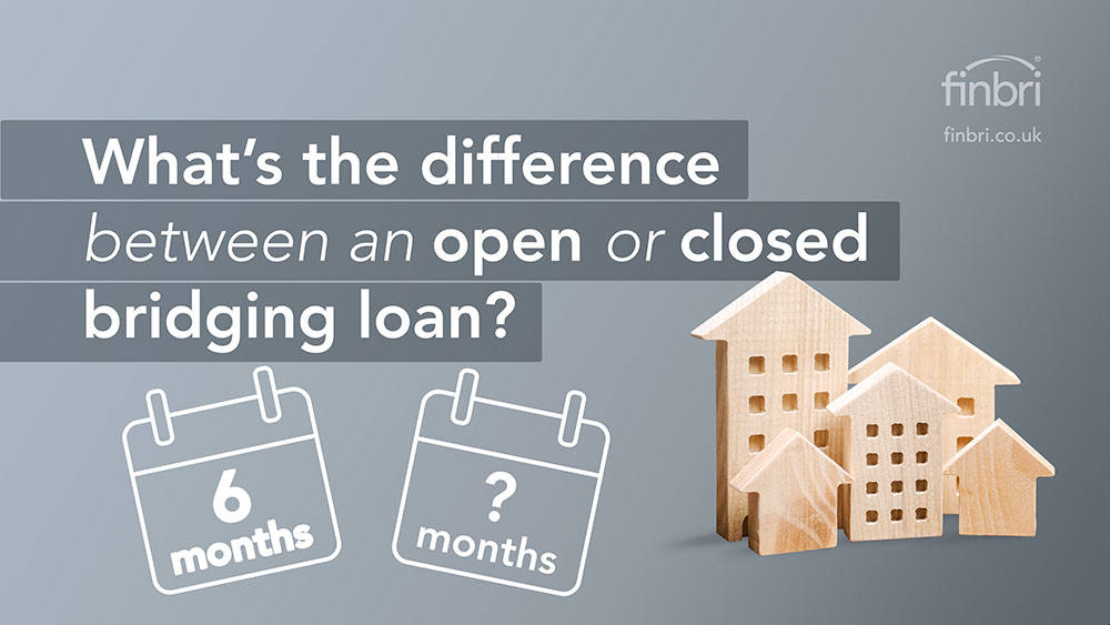 Grey graphic with a white illustration of two calendars, one with 6 months written on it and the other has a question mark to symbolise no time-limit being set for the open loan type. The text reads: What's the difference between an open or closed bridging loan?