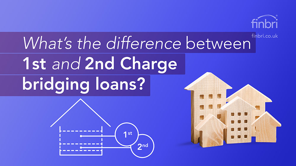 Vivd blue graphic with a white illustration of a house that has been divided up to represent a 1st charge loan and a second charge loan. The text reads: What's the difference between 1st & 2nd charge bridging loans?