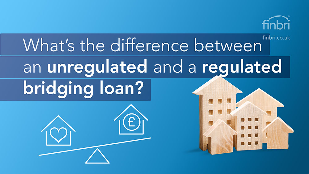 Blue graphic with a white illustration of a seesaw with a home on one end and an investment property on the other. The house weighs more than the property investment so is closer to the ground. The text reads: What's the difference between an unregulated and a regulated bridging loan?
