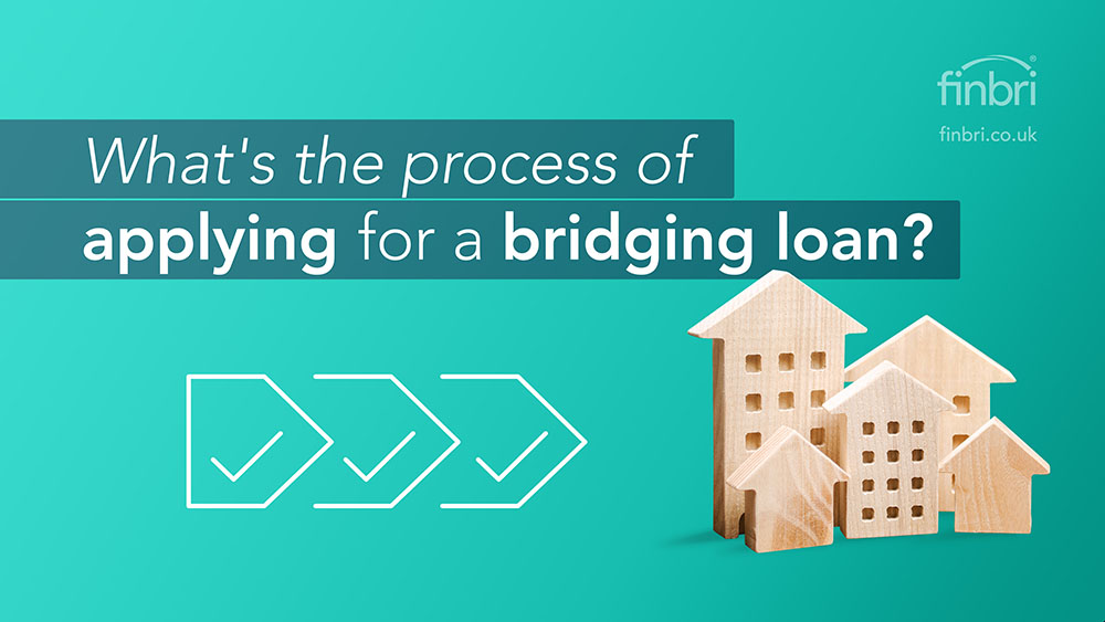 Teal graphic with a white illustration of three chevrons pointing towards the right with each one having a tick inside. These chevrons and ticks represent the stages of the application process. The text reads: What's the process of applying for a bridging loan? 