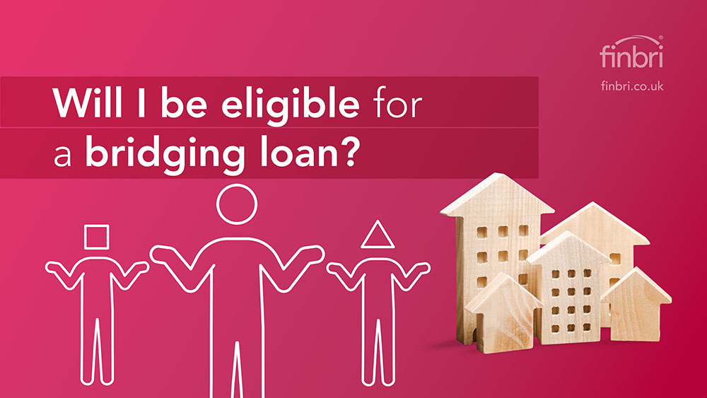 Pink graphic with a white illustration of three people, one with a circular head, one with a triangular head and one with a square head, representing borrower's unique circumstances. The text reads: Will I be eligible for a bridging loan?