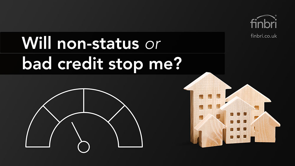 Black graphic with a white illustration of a dial with an arrow showing the credit risk score. The text reads: Will non-status or bad credit stop me?